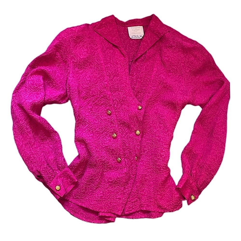 Vintage Silk Hot Pink Button-Up Statement Shoulder Barbiecore Long Sleeve Blouse - Picture 6 of 14